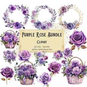 Purple Rose Clipart, Purple Rose Bundle Flowers Clipart, Purple Roses Valentines Wedding Png, Bridal Shower Bride Watercolor Rose Floral PNG