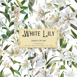 White Lily Flower Digital Paper, White Lily Floral Seamless Pattern, Lily Seamless Digital Pattern, Scrapbooking Journal Background, Instant