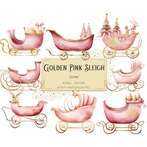 Clipart traîneau rose doré, Noël rose père Noël traîneau Png clipart, graphiques de fête de shower de bébé père Noël, vacances des cliparts, Noël Png