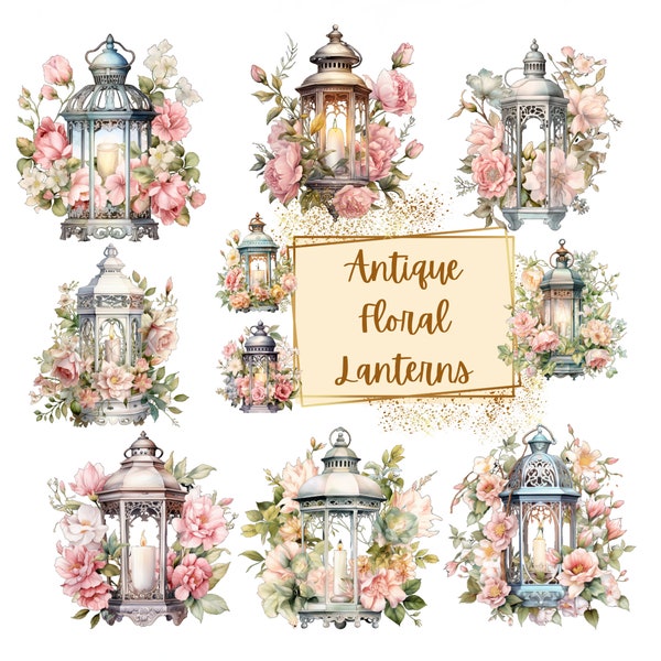 Shabby Chic Antique Floral Lantern Clipart, Antique Clipart Lantern Clipart, Birthday Baby Shower Nursery Decor Png, For T shirts Tags Mugs