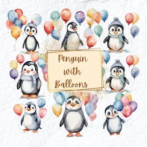 Baby Penguin Balloons Clipart, Penguin Balloons Birthday Party Clipart, Baby Shower Birthday Nursery Clipart Png, For Gift Tags Mugs Tshirts