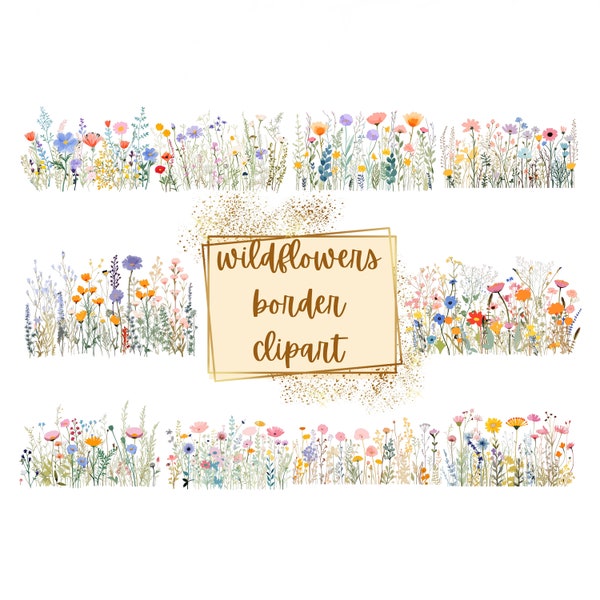 Clipart bordure fleurs sauvages, bordure fleurs sauvages guirlande Clipart, anniversaire Baby Shower Png, pour T shirts Mugs cartes Tags, Commercial