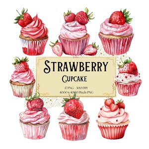 Clipart de cupcakes de frutas de fresa, clipart de postres de cupcakes de fresas, gráficos de fiesta de baby shower de cumpleaños de frutas de bayas, guardería Png