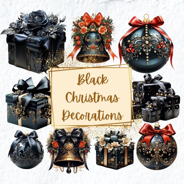 Christmas Black Decorations Clipart, Christmas Gift Boxes Baubles Bells Clipart, Xmas Birthday Baby Shower Decor PNG, For T Shirt Mugs Cards