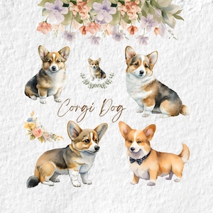 Corgis Hund Aquarell Clipart, Corgis Welpe Kinderzimmer Baby Shower Geburtstag Dekor Wandkunst, kleiner Haustier Welpe Hund Tier