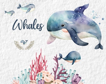 Whale Clipart, Floral Baby Whale Watercolor Clipart, Sea Life Underwater Ocean Animal Png, Baby Shower Birthday Party Decor Png, For Cards