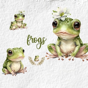 Clipart grenouille, amphibie grenouille aquarelle, anniversaire baby shower graphique, animal de la forêt PNG, pour T shirt tasses cartes Tags oreiller Png