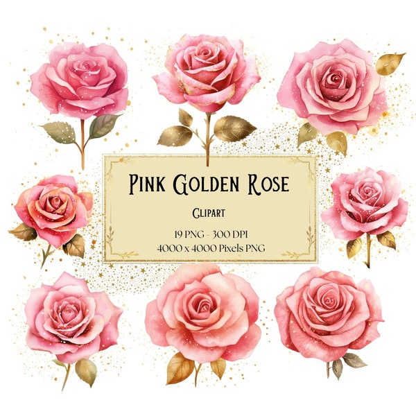 Pink Golden Rose Clipart, Golden Pink Rose Flowers Clipart, Pink Roses Valentines Wedding PNG, Bridal Shower Pink Roses PNG Clipart