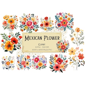 メキシコの花のクリップアート、メキシコのフィエスタの花のクリップアート、メキシコのフィエスタの花のPNG、Tシャツ、マグカップ、カード用、即時ダウンロード