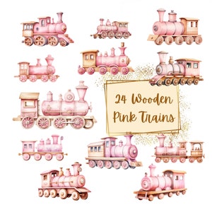 Hölzernes rosa Spielzeug Zug Clipart, hölzernes Spielzeug rosa Zug Kinderzimmer Clipart, Zug Aquarell Clipart, Geburtstags-Baby-Dusche-Kinderzimmer-Png, Sofort