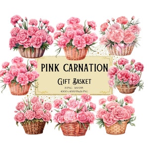 Pink Carnation Gift Basket Clipart, Pink Carnation Floral Png, Botanical Carnation Valentines Wedding PNG, Carnation Bridal Shower Bride PNG