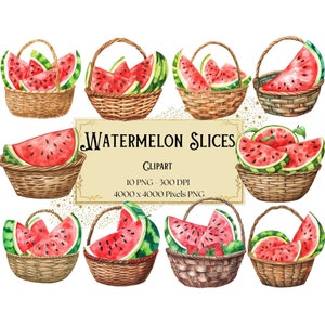 Wassermelone Scheiben Korb Clipart, Wassermelone Scheibe Aquarell Clipart, Wassermelone Geburtstag Baby Shower Party Grafiken, Obst PNG, Instant
