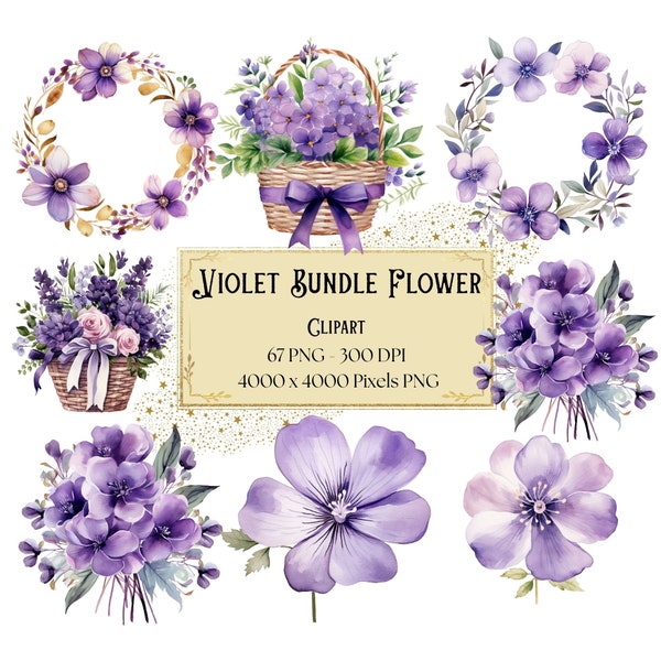 Violet Flower Bundle Clipart, Violet Floral Png, Violet Flowers Valentines Wedding Bridal Shower Bride PNG, Flower Bouquet Wreath Basket Png