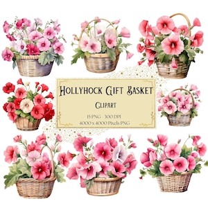 Hollyhock Gift Basket Flower Clipart, Pink Hollyhock Floral Clipart, Hollyhock Flowers Valentines Wedding Bridal Shower Bride PNG, Instant