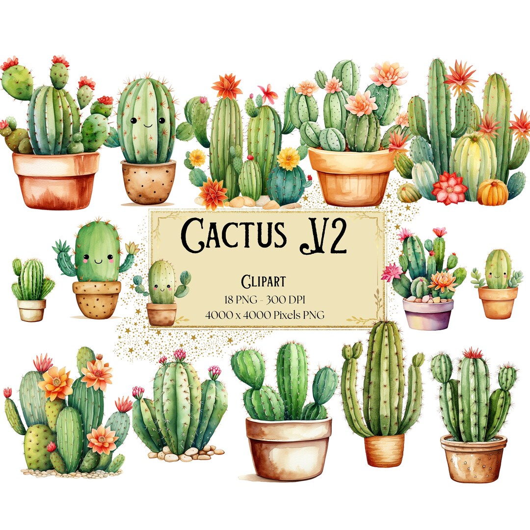 Watercolor Cactus Clipart, Succulent Plant PNG Graphics (digital ...