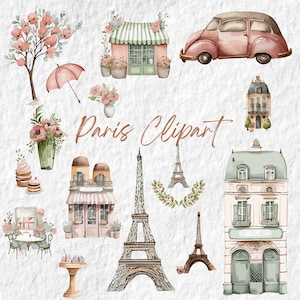 Clipart aquarelle Paris, Clipart Tour Eiffel, romantique Caffe rose devanture Paris Floral Clipart graphiques Png, Art déco fête chambre d'enfant