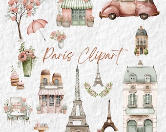 Paris Watercolor Clipart, Eiffel Tower Clipart, Romantic Caffe Pink Storefront Paris Floral Clipart Png Graphics, Party Nursery Decor Art
