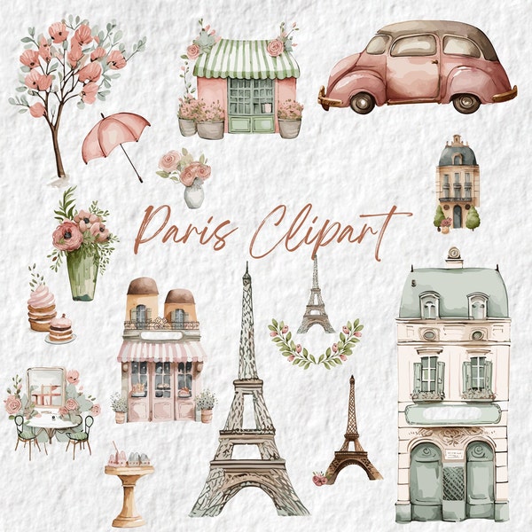 Imágenes prediseñadas de acuarela de París, imágenes prediseñadas de la Torre Eiffel, romántico Caffe Pink Storefront Paris Floral Clipart Png Graphics, arte de decoración de guardería de fiesta