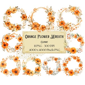 Orange Flower Wreath Clipart, Spring Orange Floral Clipart, Botanical Orange Floral Valentines Wedding PNG, Orange Flower Bridal Bride PNG
