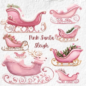 Christmas Sleigh Clipart, Christmas Pink Santa Sleigh Clipart, Santa Xmas Baby Shower Party Graphics, Holiday Clipart, Christmas Clipart PNG