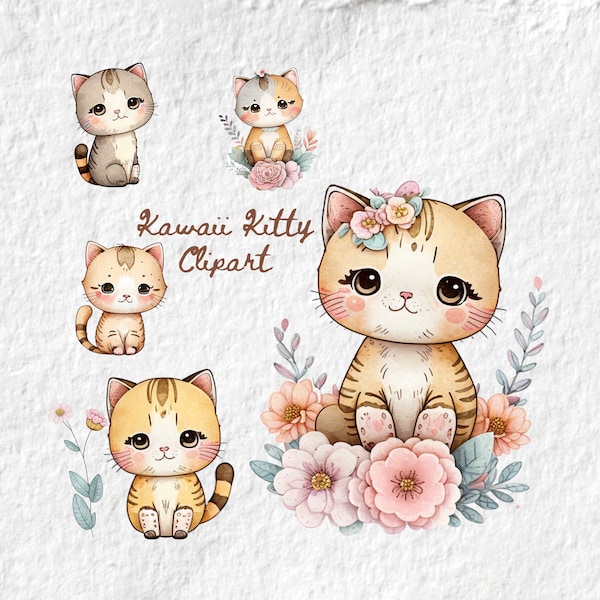 Kawaii Kitty Clipart Watercolor, Cute Cat Baby Shower Graphics, Kitty Birthday Party Decor Graphics, Nursery Decor Wall Art, Anime Art PNG