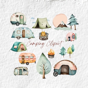 Clipart camping, clipart aquarelle vie de camp, aventure caravane feu de camp été Clipart graphiques, anniversaire baby shower party Png, pour cartes