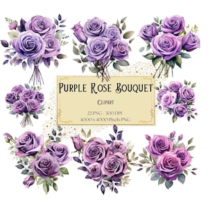 Purple Rose Bouquet Clipart, Purple Rose Bouquet Flowers Clipart, Purple Roses Valentines Wedding Bridal Shower Bride PNG Clipart, Instant