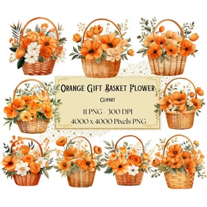 Orange Gift Basket Flower Clipart, Spring Orange Floral Clipart, Botanical Orange Valentines Wedding PNG, Orange Flower Bridal Bride PNG