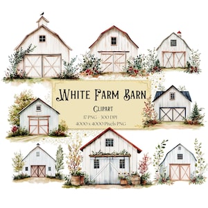 Imágenes prediseñadas de granero blanco, imágenes prediseñadas de granero rústico, imágenes prediseñadas de casa de campo, imágenes prediseñadas de granja rústica, PNG de cumpleaños de baby shower, para tarjetas de camisetas