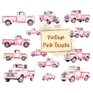 Clipart camion rose vintage, clipart camionnette vintage, clipart aquarelle de camion de ferme vintage, anniversaire PNG pour baby shower, pour les cartes de T shirt
