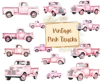 Vintage Pink Truck Clipart, Vintage Pickup Truck Clipart, Vintage Farm Truck Watercolor Clipart, Baby Shower Birthday PNG, For T shirt Cards