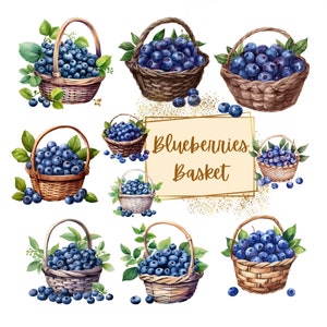 Blueberry Basket Clipart, Bosbessen Mand Fruit Clipart, Schattige Blueberry Verjaardag Baby Shower Party Graphics, Kinderdagverblijf Decor Wall Art