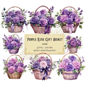 Purple Rose Gift Basket Clipart, Purple Rose Bouquet Basket Flowers Clipart, Purple Roses Valentines Wedding Bridal Shower Bride PNG Clipart