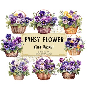 Pansy Flower Gift Basket Clipart, Pansy Watercolor Floral Clipart, Pansy Valentines Wedding PNG, Pansy Bridal Shower Bride PNG Clipart