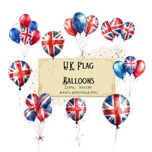 Bandeira do Reino Unido Balões de Aniversário Clipart, Bandeira Britânica Balões Clipart, Grã-Bretanha Balões Clipart, Chá de Bebê Aniversário PNG, Para T-shirt Cartões