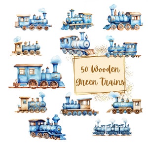 Hölzernes blaues Spielzeug Zug Clipart, hölzernes Spielzeug blauer Zug Kinderzimmer Clipart, Zug Aquarell Clipart, Geburtstags-Babyparty-Kinderzimmer-Png, Sofort