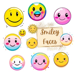 Smileygezichten clipart, gele smiley gelukkig vector gezicht clipart, verjaardag baby shower kwekerij clipart, voor T-shirt tags mokken kaarten stickers