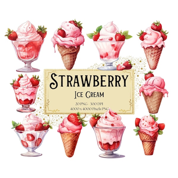 Strawberry Ice Cream Clipart, Strawberries Sundae Clipart, Berry Dessert Fruit Birthday Baby Shower Party Graphics, Nursery Png, Card Making