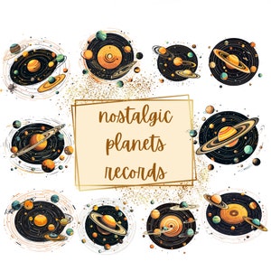 Nostalgic Planet Space Record Clipart, Fantasy Planets Record Clipart, Birthday Baby Shower Nursery Decor Png, For T shirts Mugs Stickers