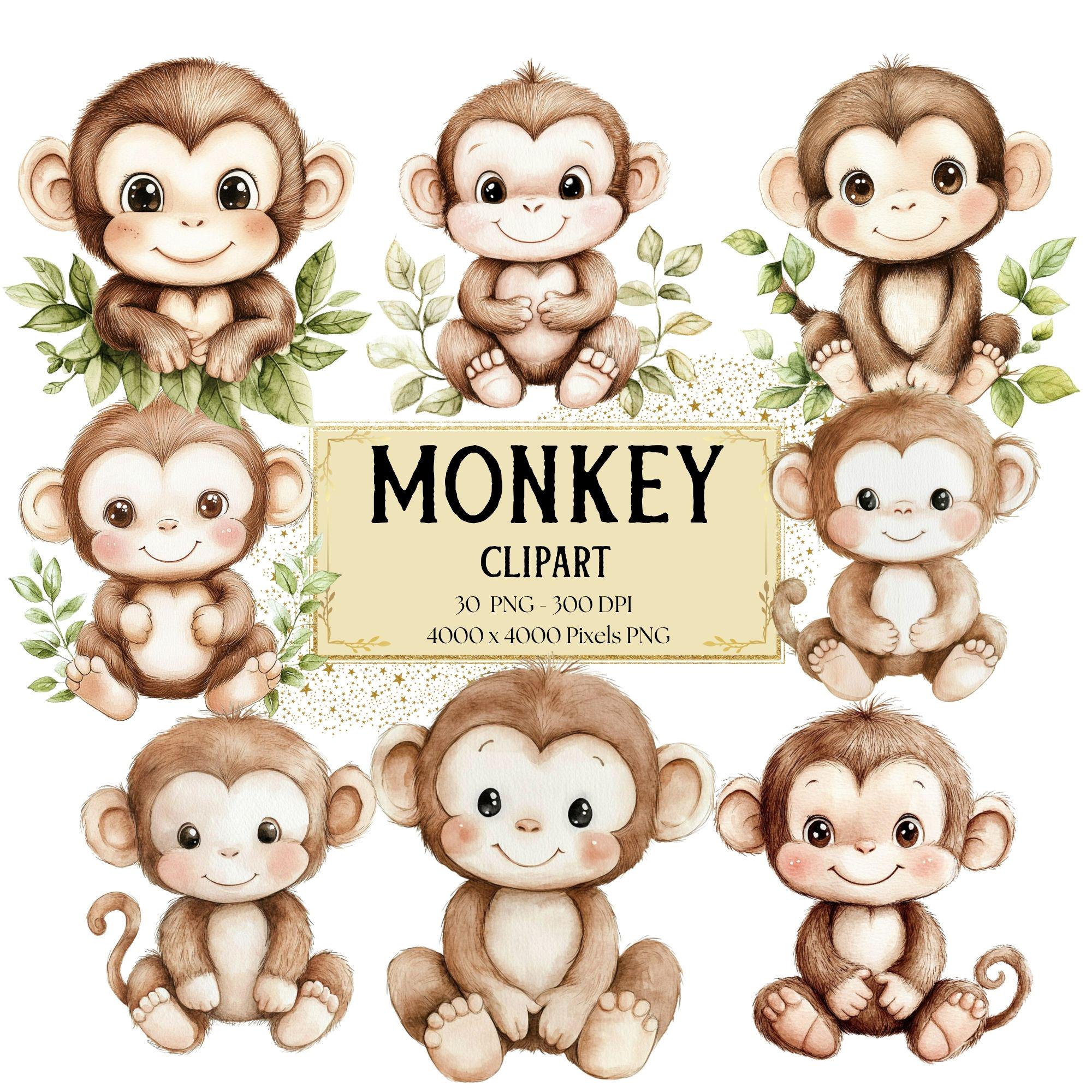 Monkey Clipart, Monkey Png, Baby Monkey Safari Animal Clipart, Wild Animal Sublimation Nursery Png, Baby Shower Birthday Clipart