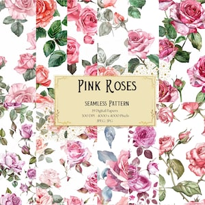 Pink Roses Watercolor Seamless Pattern Digital Paper, Roses Collage Papers, Roses Seamless Pattern, Scrapbooking Junk Journal Background Kit