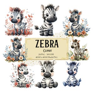 Zebra Clipart, Floral Zebra Clipart, Baby Zebra One Animal Clipart, Safari Woodland Zoo Animal Baby Shower Birthday Clipart