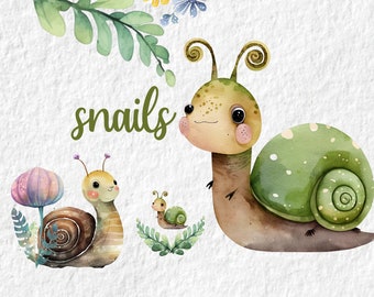 Snail Watercolor Clipart, Cute Baby Shower Graphics, Birthday Party Nursery Decor Clipart Wall Art, Woodland Animal PNG