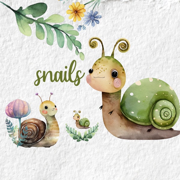 Escargot aquarelle Clipart, joli graphisme pour baby shower, fête d'anniversaire chambre d'enfant Decor Clipart Wall Art, animal de la forêt PNG