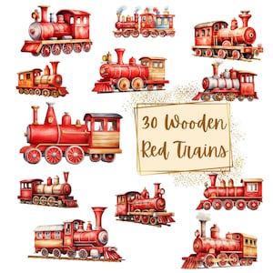 Imágenes prediseñadas de tren de juguete rojo de madera, imágenes prediseñadas de guardería de tren rojo de juguete de madera, imágenes prediseñadas de acuarela de tren, guardería de baby shower de cumpleaños png, instantánea