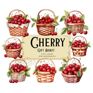 Kirsch Geschenk Korb Clipart, Rote Kirschen Obst Clipart, Aquarell Kirschfrucht Geburtstag Baby Shower Party Grafiken, Kinderzimmer Dekor Png