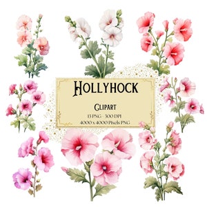 Hollyhock Flower Clipart, Pink Hollyhock Floral Clipart, Hollyhock Flowers Valentines Wedding PNG, Hollyhock Flower Bridal Shower Bride PNG