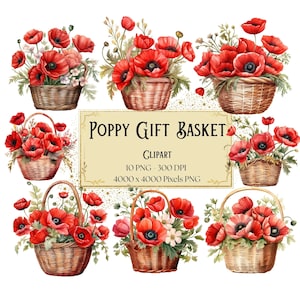 Coquelicot cadeau panier fleur Clipart, Clipart floral coquelicot rouge, coquelicots botaniques fleurs Saint-Valentin mariage PNG, fleur de pavot mariée mariée PNG