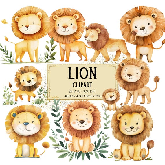 Watercolor Lion Clipart, Safari Animal PNG, Nursery Art (Digital Download)