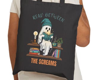 Read Between the Screams Tote Bag | Spooky Book Lover Gift | Ghost Reading Canvas Tote | Halloween Library Bag